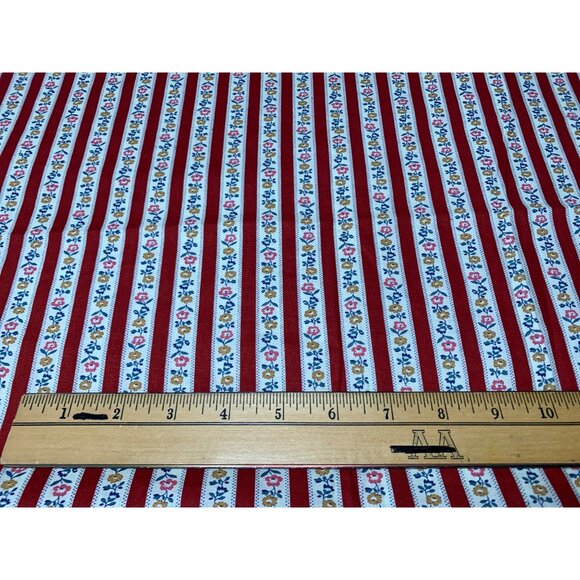Vintage 28"x44" Red Floral Striped Cotton Fabric Sewing Crafts - Picture 2 of 4